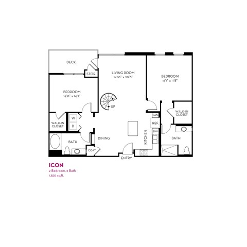Floor plan for 2 beds, 2 baths, 1350 sqft